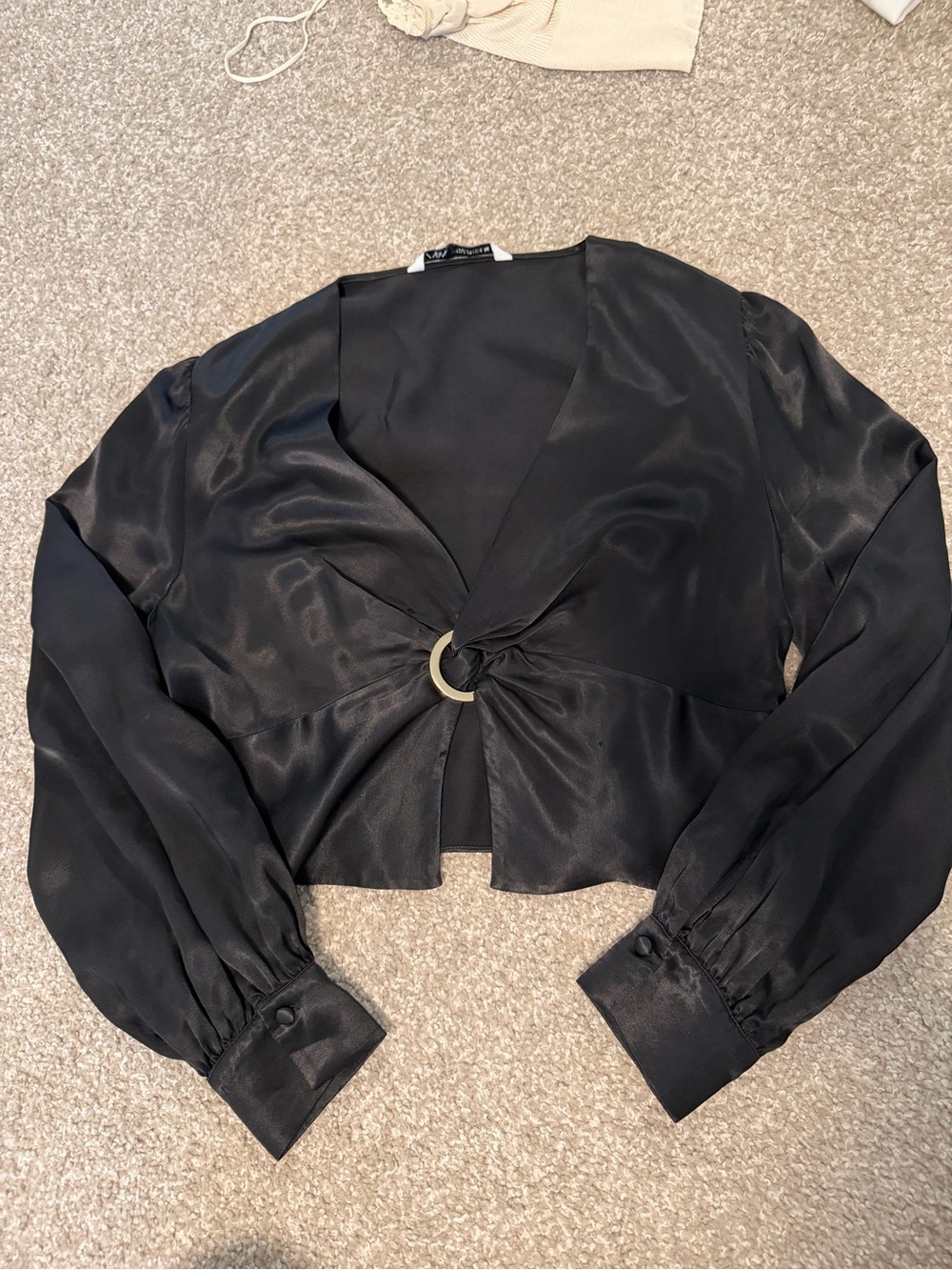 Zara Black Satin Ring-Front Long-Sleeve Crop Top